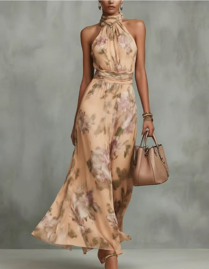 Sofia – Vestito Maxi Floreale con Scollo ad Anello – Champagne Floreale | Bella di Roma
