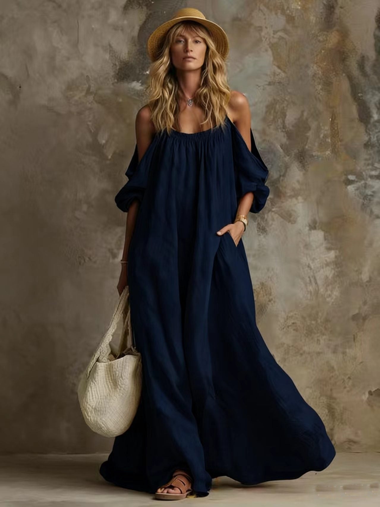 Abito Maxi Boho Off-Shoulder Maniche Palloncino Blu Navy | Bella di Roma