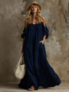 Abito Maxi Boho Off-Shoulder Maniche Palloncino Blu Navy | Bella di Roma