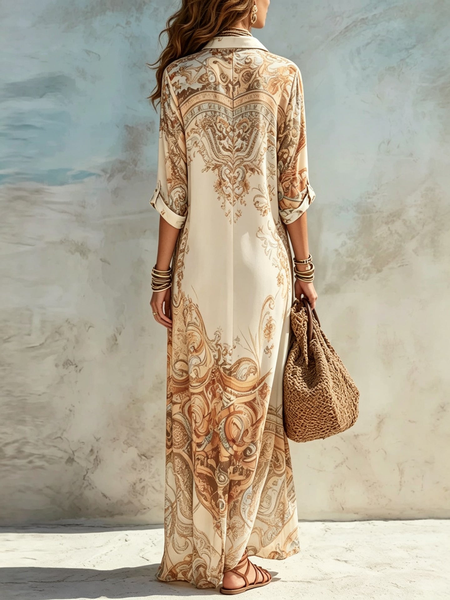 Vestito maxi con stampa paisley panna, scollo a V e manica lunga
