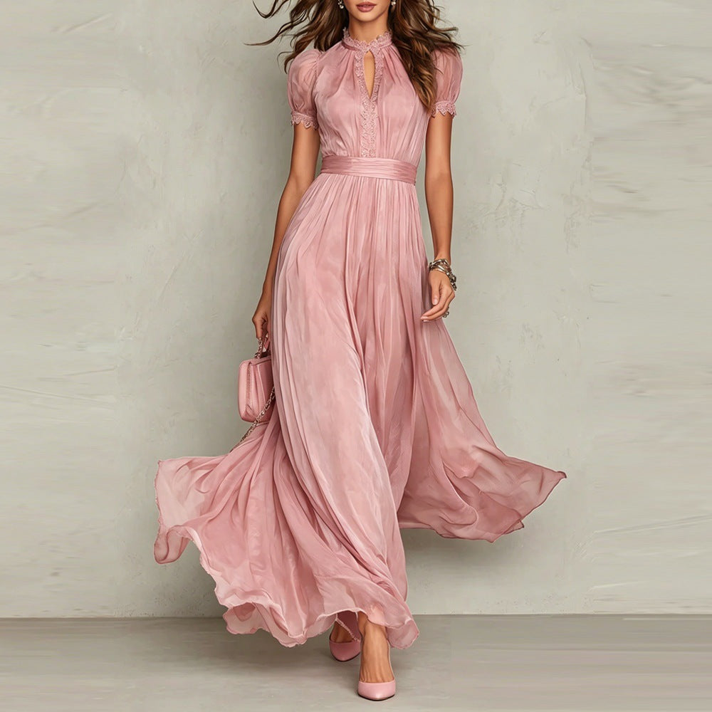 Abito Maxi Romantico Maniche Palloncino Rosa Cipria | Bella di Roma