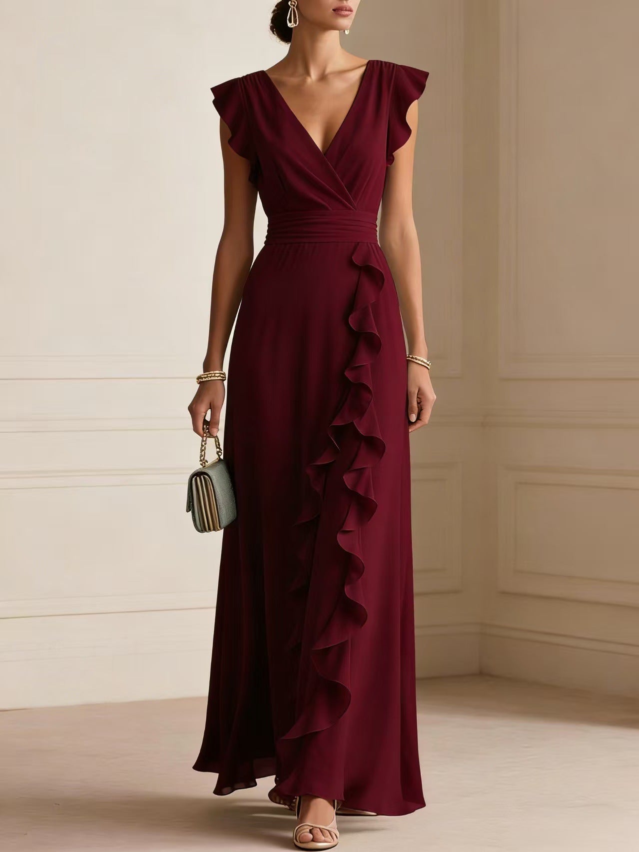 Abito maxi elegante bordeaux con volant a cascata e scollo a V - Bella di Roma