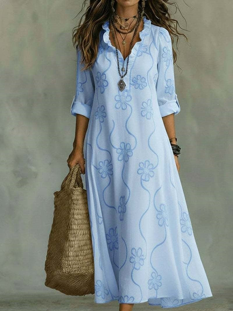 Abito maxi in lino azzurro con scollo a V e maniche lunghe - Bella di Roma
