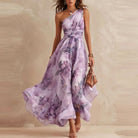 Vestito maxi floreale monospalla Aurora in Lilla con fiori viola - Bella di Roma