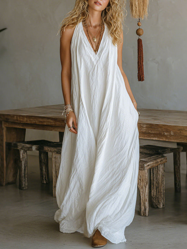 Abito lungo con spalline sottili e scollo a V, colore bianco
