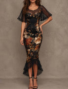 Abito midi nero a fiori con spalle scoperte e linea a sirena