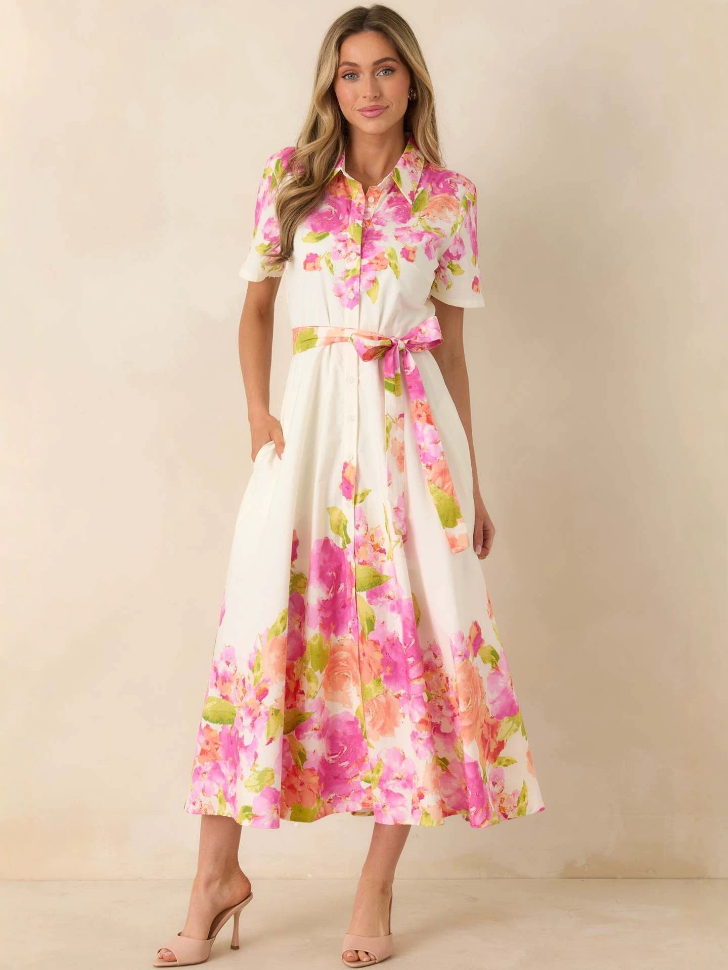 Abito midi chemisier stampa floreale rosa e verde, lunghezza midi - Bella di Roma