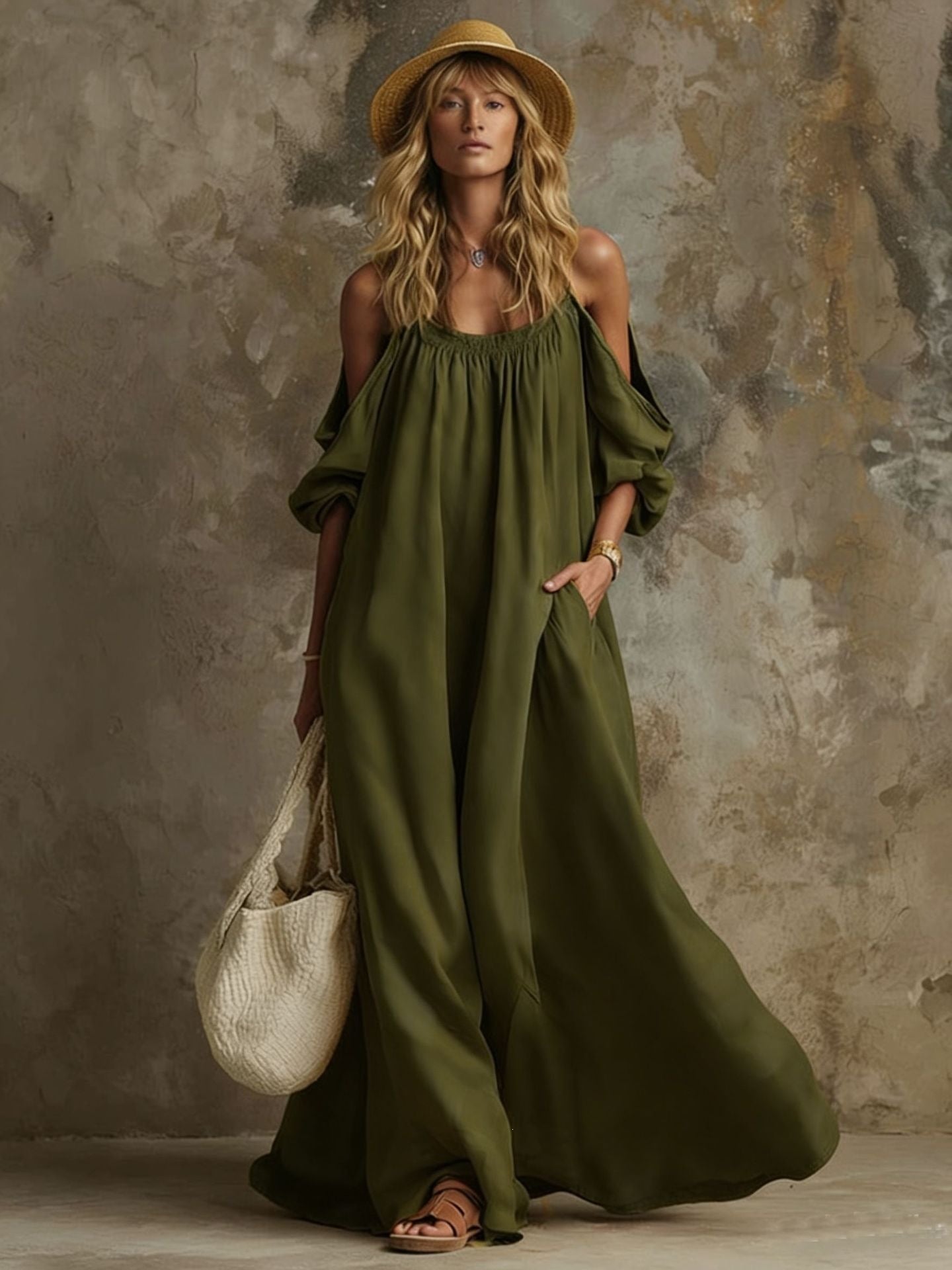 Abito Maxi Boho Off-Shoulder Maniche Palloncino Verde Oliva | Bella di Roma