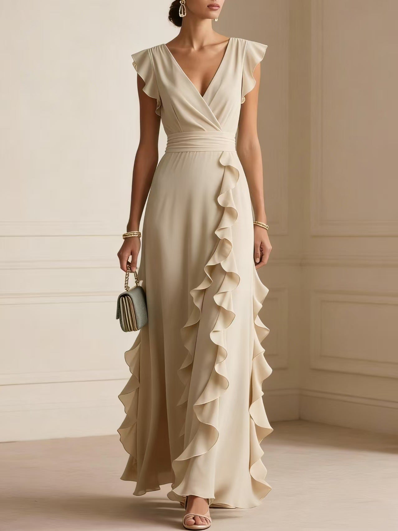 Abito maxi elegante panna con volant a cascata e scollo a V - Bella di Roma