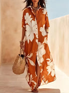 Abito camicia maxi floreale manica corta arancione con fiori bianchi | Bella di Roma