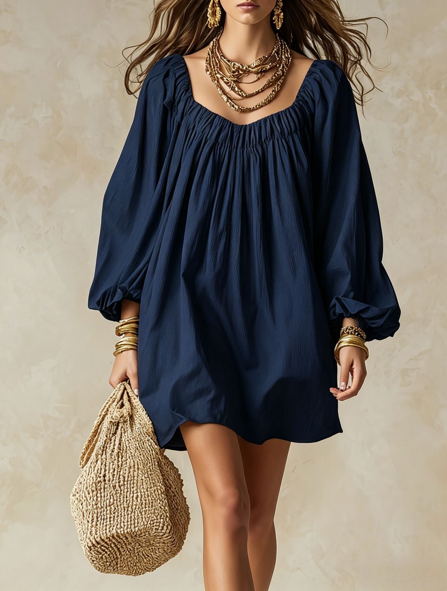 Abito mini oversize scollo arricciato maniche palloncino - Blu navy | Bella di Roma