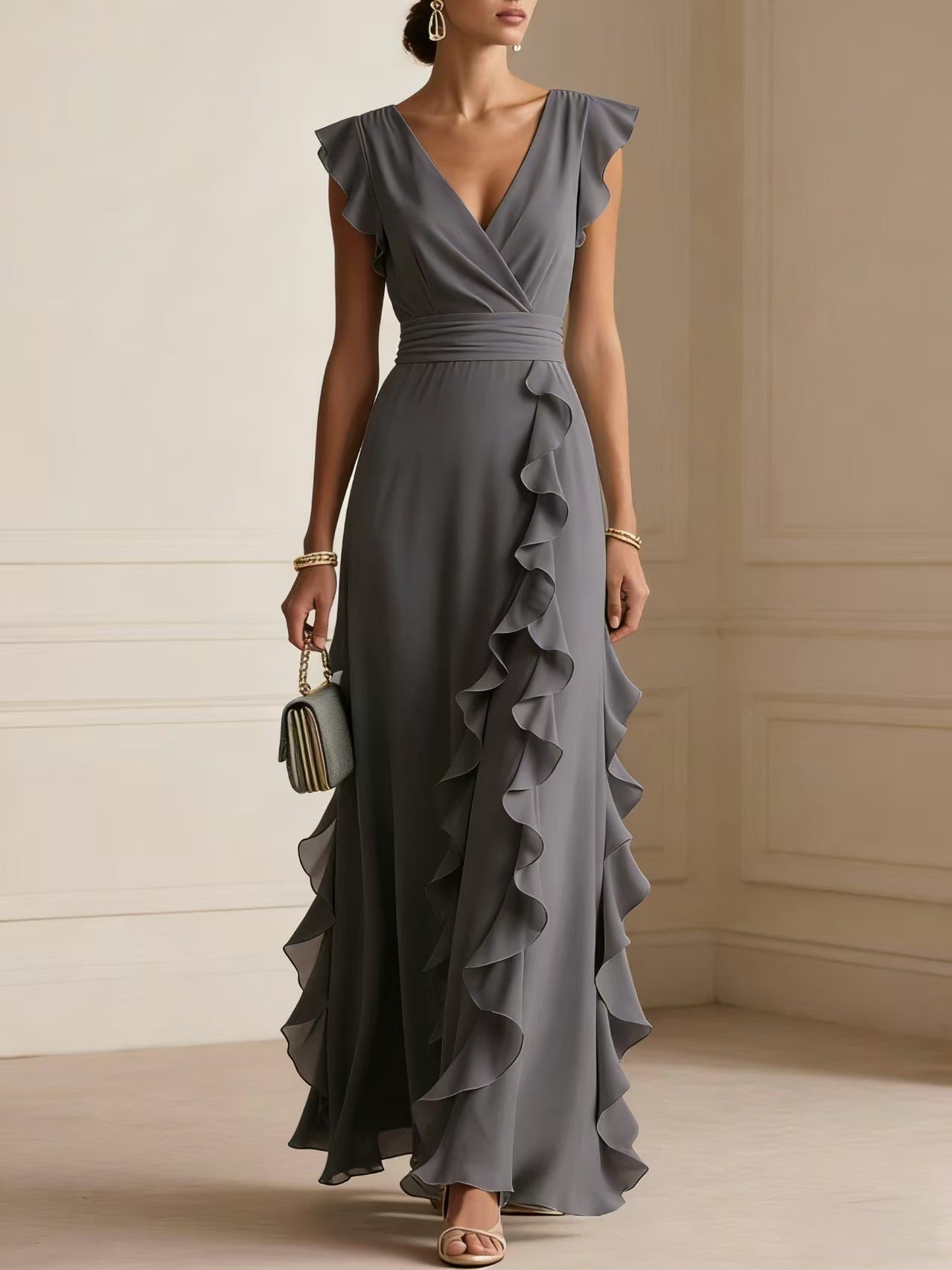 Abito maxi elegante grigio con volant a cascata e scollo a V - Bella di Roma