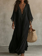 Abito maxi boho con maniche larghe e ricami - colore nero | Bella di Roma