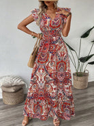 Vestito lungo con stampa floreale rossa, vista intera del modello