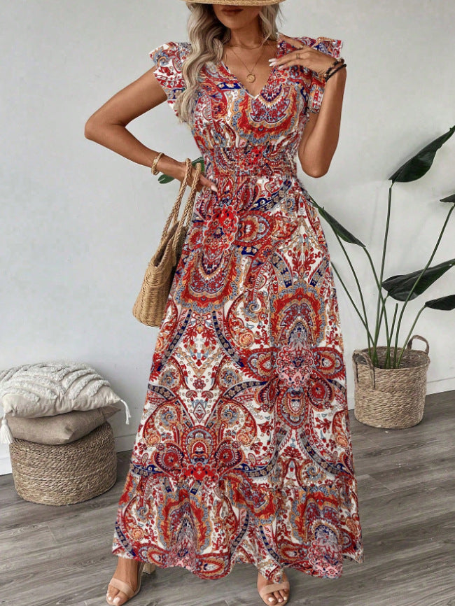 Vestito lungo con stampa floreale rossa, vista intera del modello