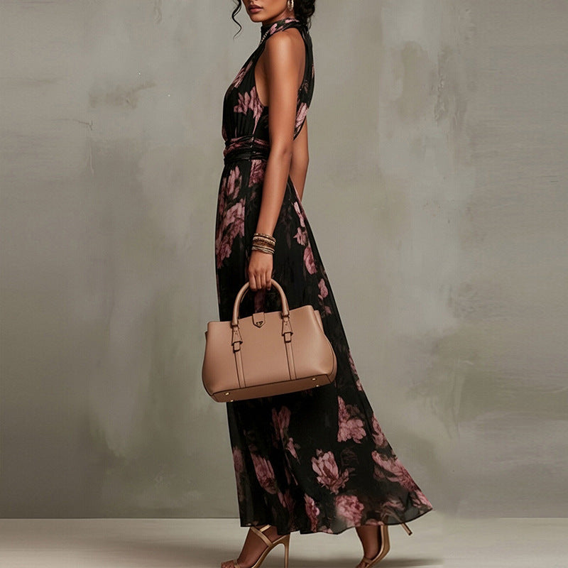 Sofia – Vestito Maxi Floreale con Scollo ad Anello – Nero Floreale – Vista laterale | Bella di Roma