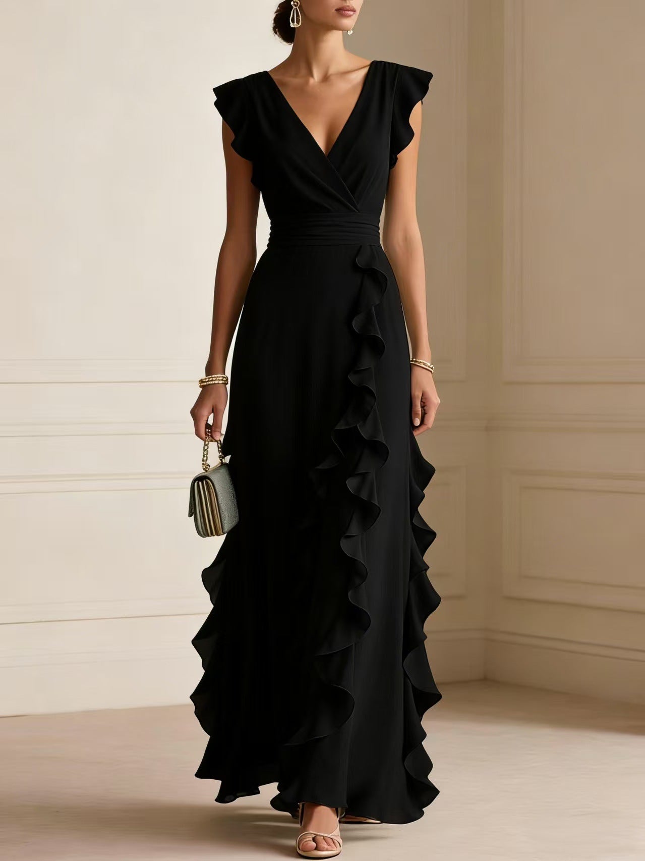 Abito maxi elegante nero con volant a cascata e scollo a V - Bella di Roma