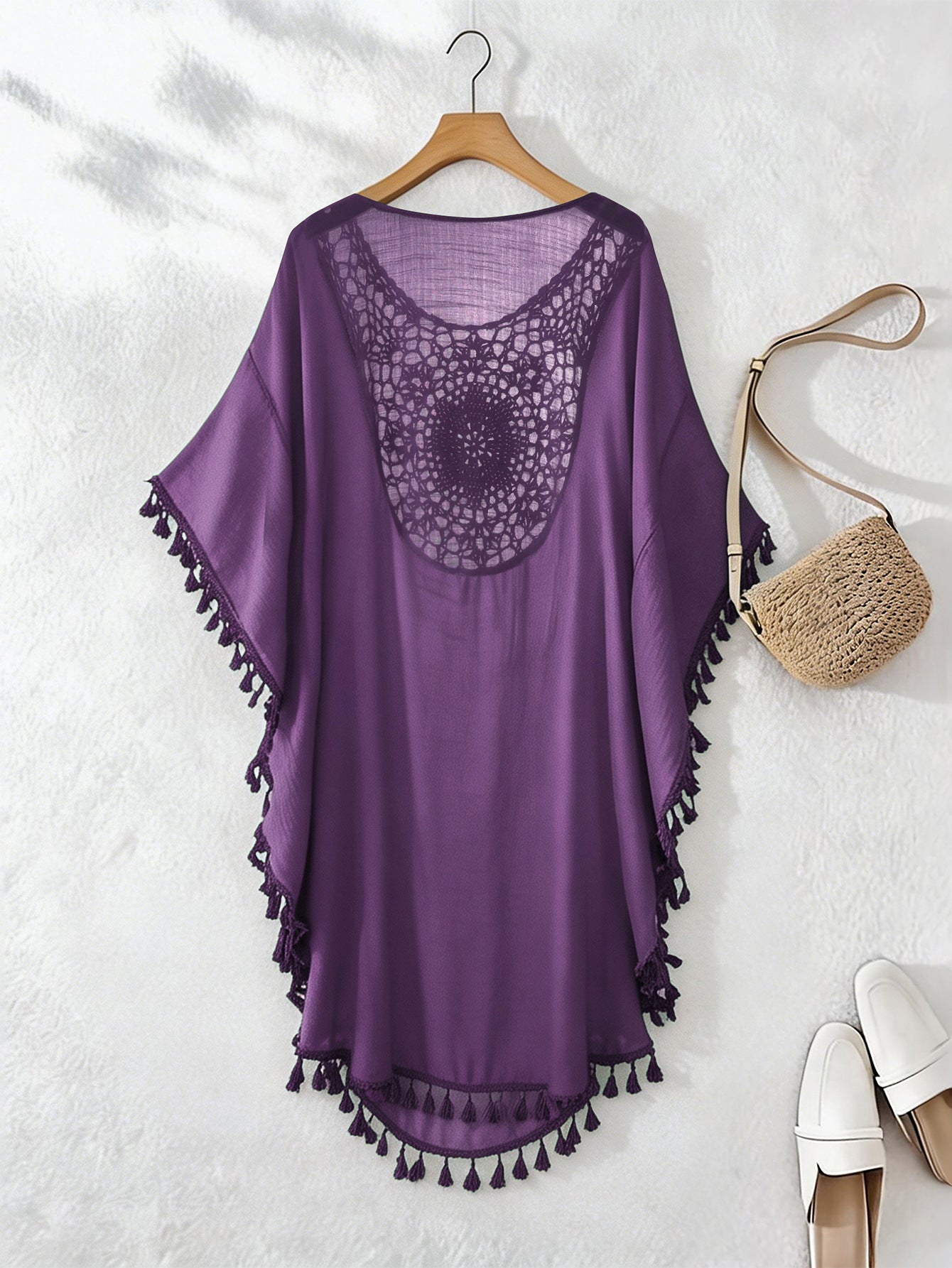 Kaftan maxi da spiaggia con ricami e frange - colore viola | Bella di Roma