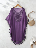 Kaftan maxi da spiaggia con ricami e frange - colore viola | Bella di Roma