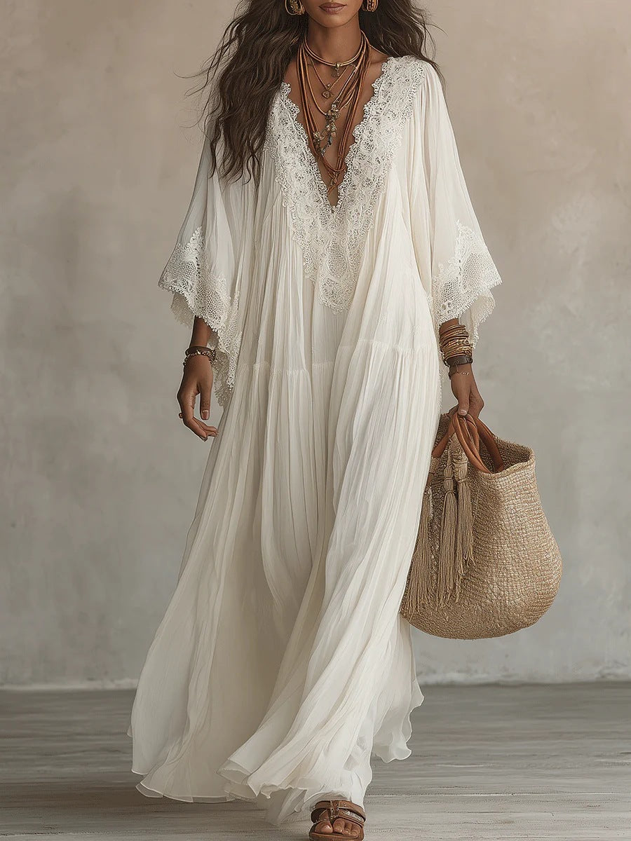Abito maxi boho con maniche larghe e ricami - colore bianco | Bella di Roma