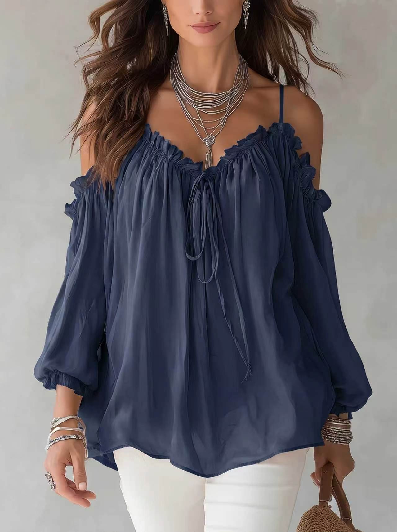 Blusa Off Shoulder Pizzo Blu Navy | Bella di Roma