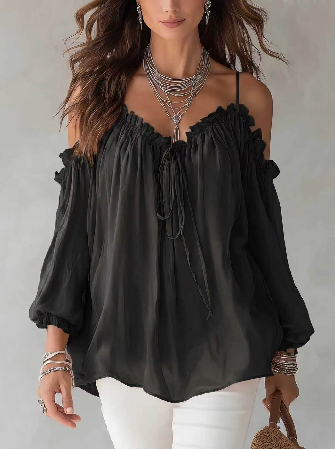Blusa Off Shoulder Pizzo Nera | Bella di Roma