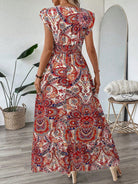 Vestito maxi con stampa floreale rossa, scollo a V e maniche ad aletta