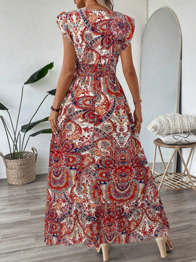 Vestito maxi con stampa floreale rossa, scollo a V e maniche ad aletta