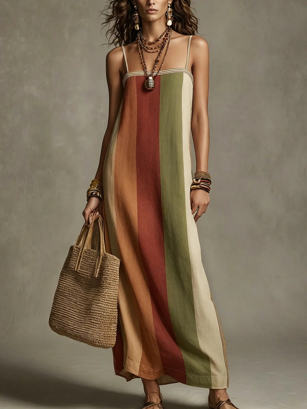 Abito maxi boho colorblock - Cammello / Terracotta | Bella di Roma