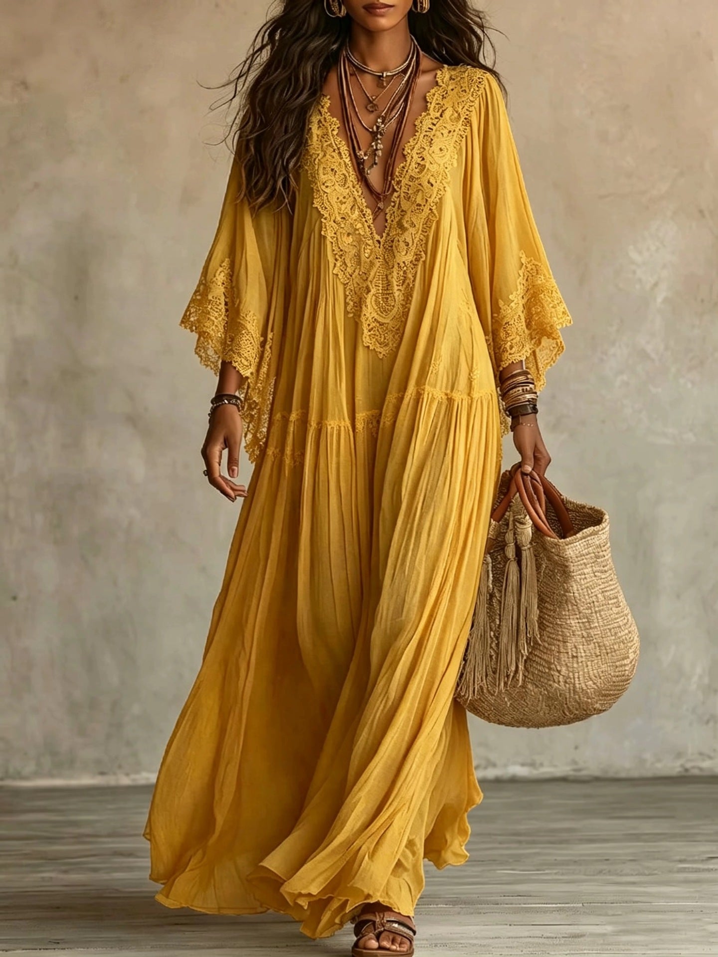 Abito maxi boho con maniche larghe e ricami - colore giallo | Bella di Roma