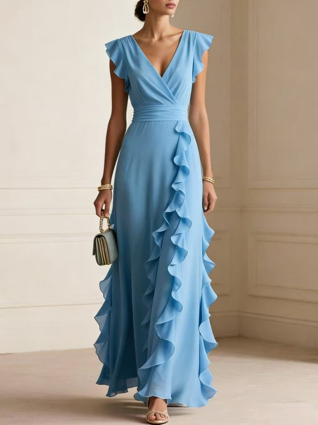 Abito maxi elegante azzurro con volant a cascata e scollo a V - Bella di Roma