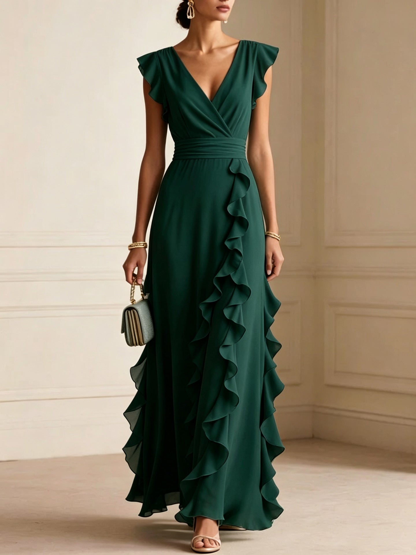 Abito maxi elegante verde scuro con volant a cascata e scollo a V - Bella di Roma
