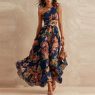 Vestito maxi floreale monospalla Aurora in Blu Navy con fiori arancio e rosso - Bella di Roma