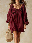 Abito mini oversize scollo arricciato maniche palloncino - Bordeaux | Bella di Roma