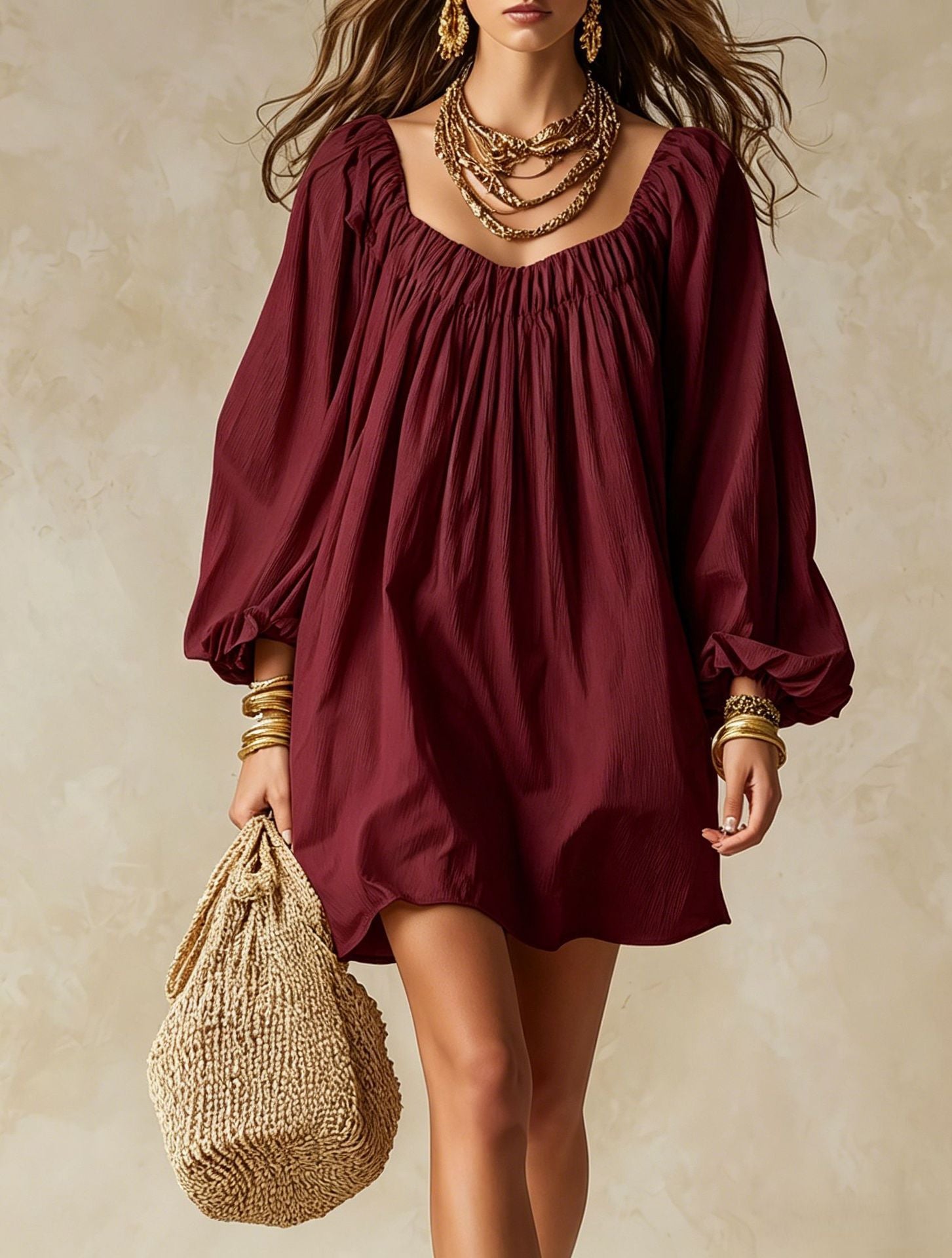 Abito mini oversize scollo arricciato maniche palloncino - Bordeaux | Bella di Roma