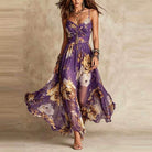 Vestito lungo floreale Ginevra in viola con spalline sottili, scollo a V e gonna in chiffon