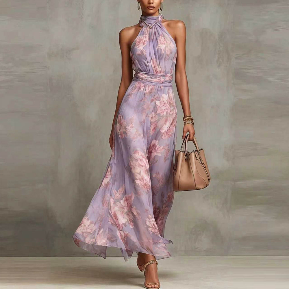 Sofia – Vestito Maxi Floreale con Scollo ad Anello – Lilla Floreale – Vista frontale | Bella di Roma