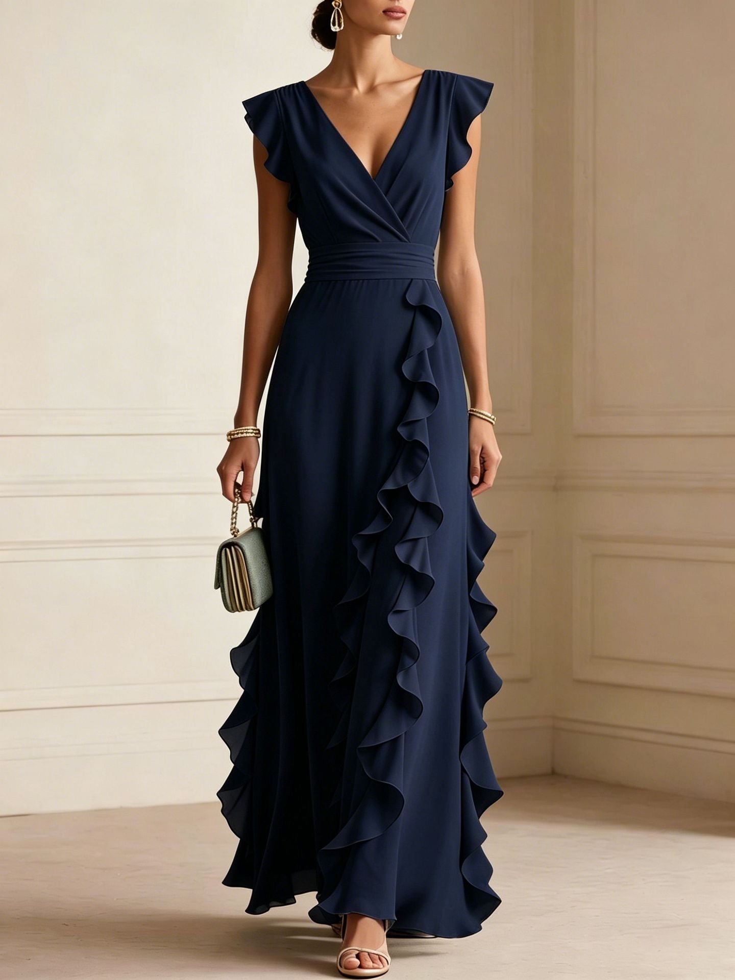 Abito maxi elegante blu navy con volant a cascata e scollo a V - Bella di Roma