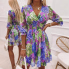 Abito floreale midi manica lunga fantasia viola multicolor | Bella di Roma