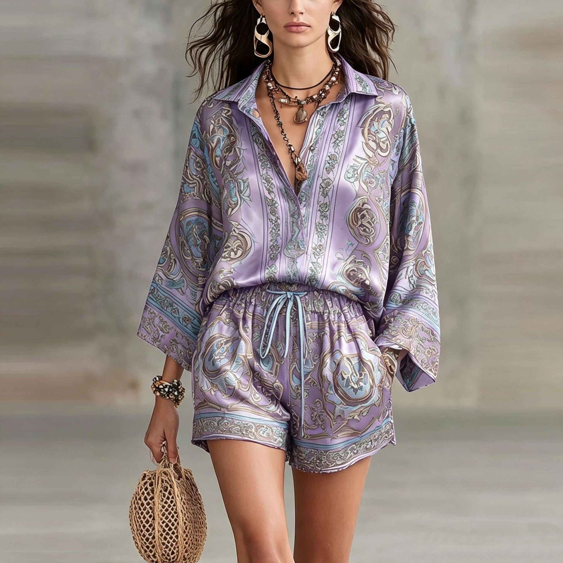 Completo due pezzi in fantasia paisley lilla con camicia e shorts