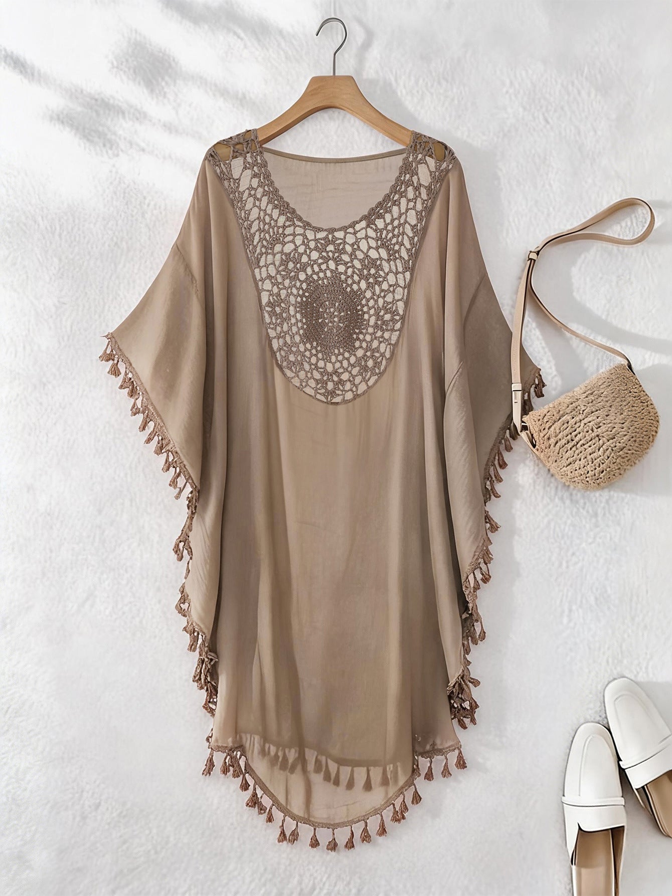 Kaftan maxi da spiaggia con ricami e frange - taglia unica | Bella di Roma