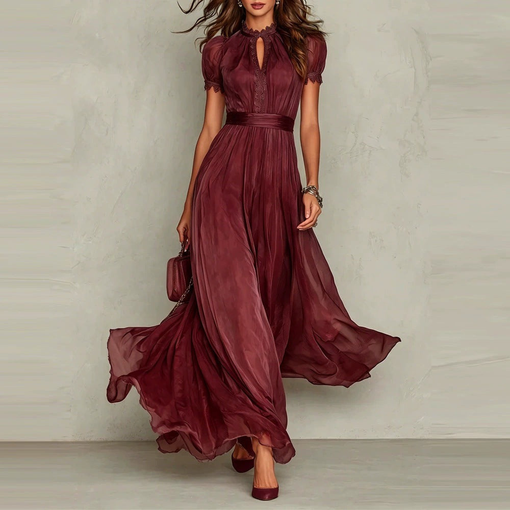 Abito Maxi Romantico Maniche Palloncino Bordeaux | Bella di Roma