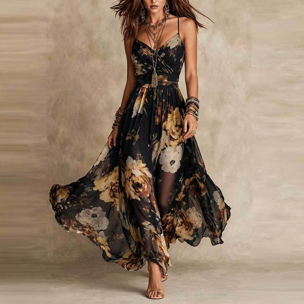 Vestito lungo floreale Ginevra in nero con spalline sottili regolabili e fascia in vita