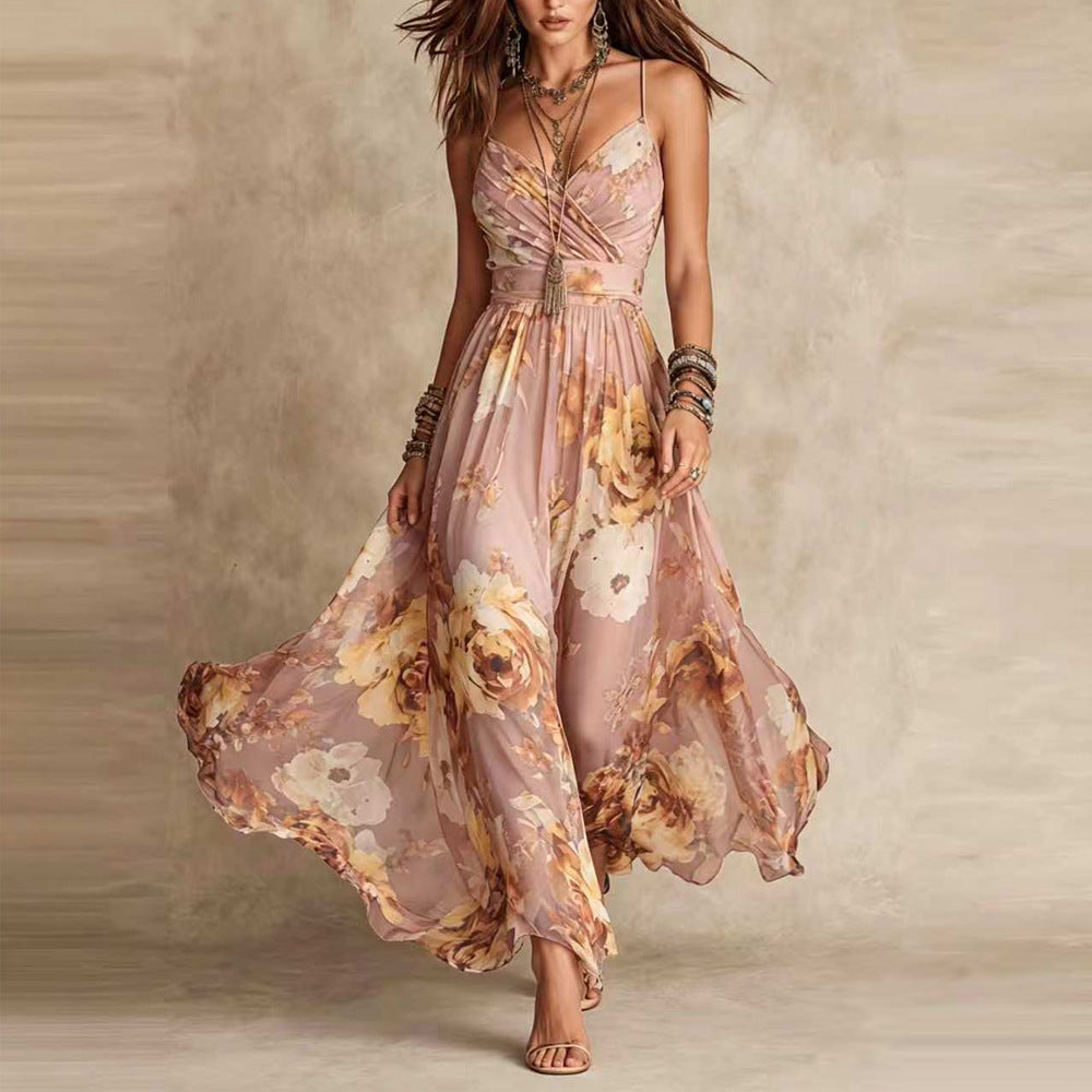 Vestito lungo floreale Ginevra in rosa cipria con scollo a V incrociato e gonna svasata