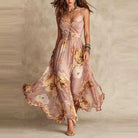 Vestito lungo floreale Ginevra in rosa cipria con scollo a V incrociato e gonna svasata