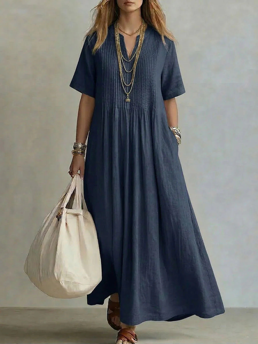 Abito maxi boho in lino blu navy con scollo a V e plissé - Bella di Roma