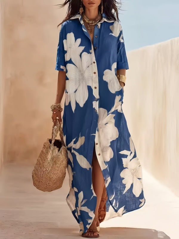 Abito camicia maxi floreale manica corta blu con fiori bianchi | Bella di Roma