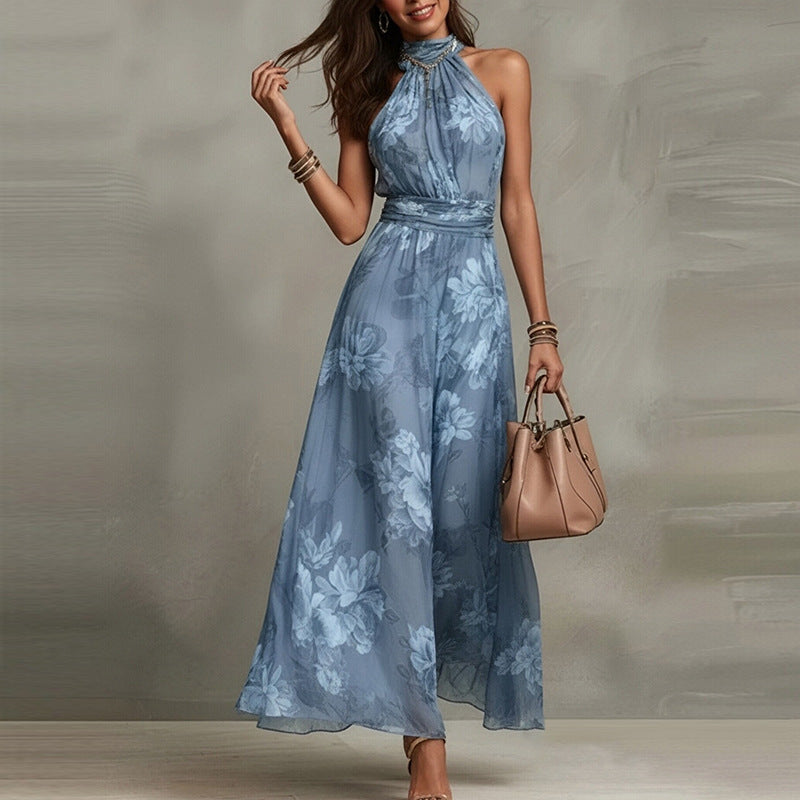 Sofia – Vestito Maxi Floreale con Scollo ad Anello – Blu Polvere Floreale | Bella di Roma