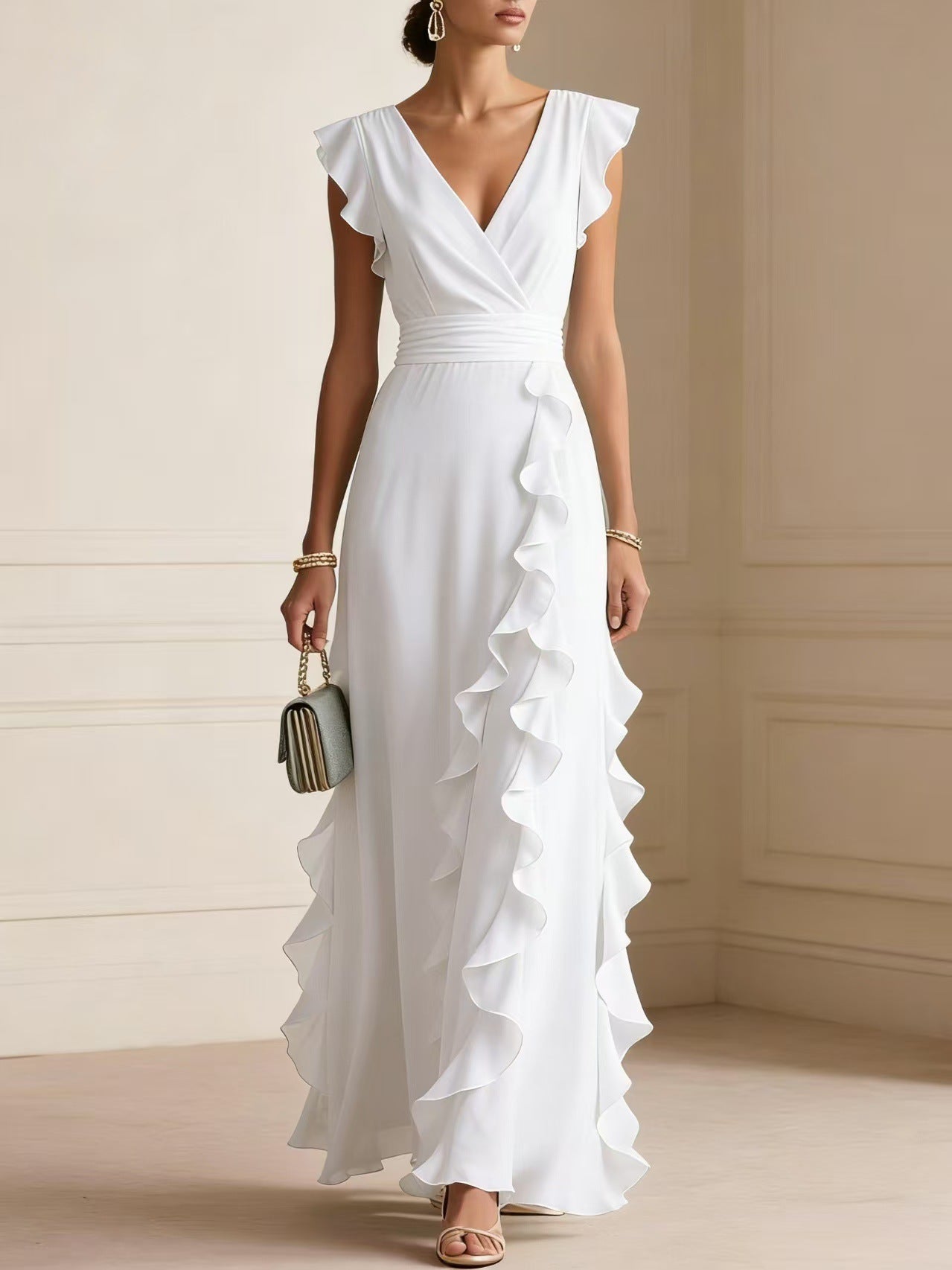 Abito maxi elegante bianco con volant a cascata e scollo a V - Bella di Roma
