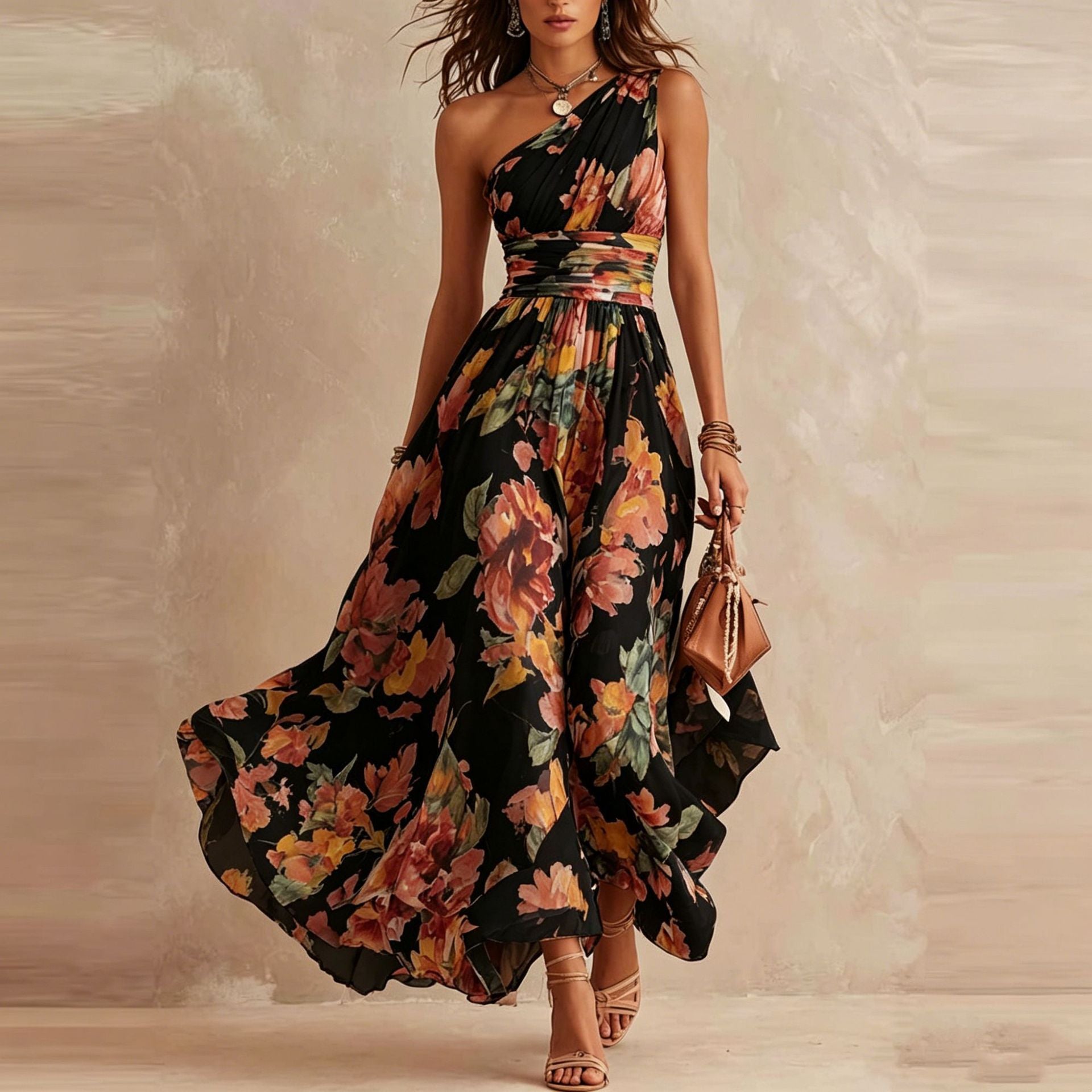 Vestito maxi floreale monospalla Aurora in Nero con fiori arancio e rosa - Bella di Roma